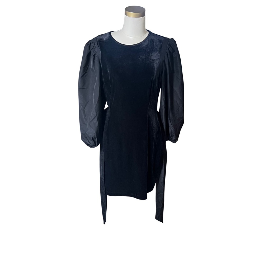 LDT Black Velvet Puff‎ Sleeve Mini Dress with Waist Tie Size 10 Cocktail Goth